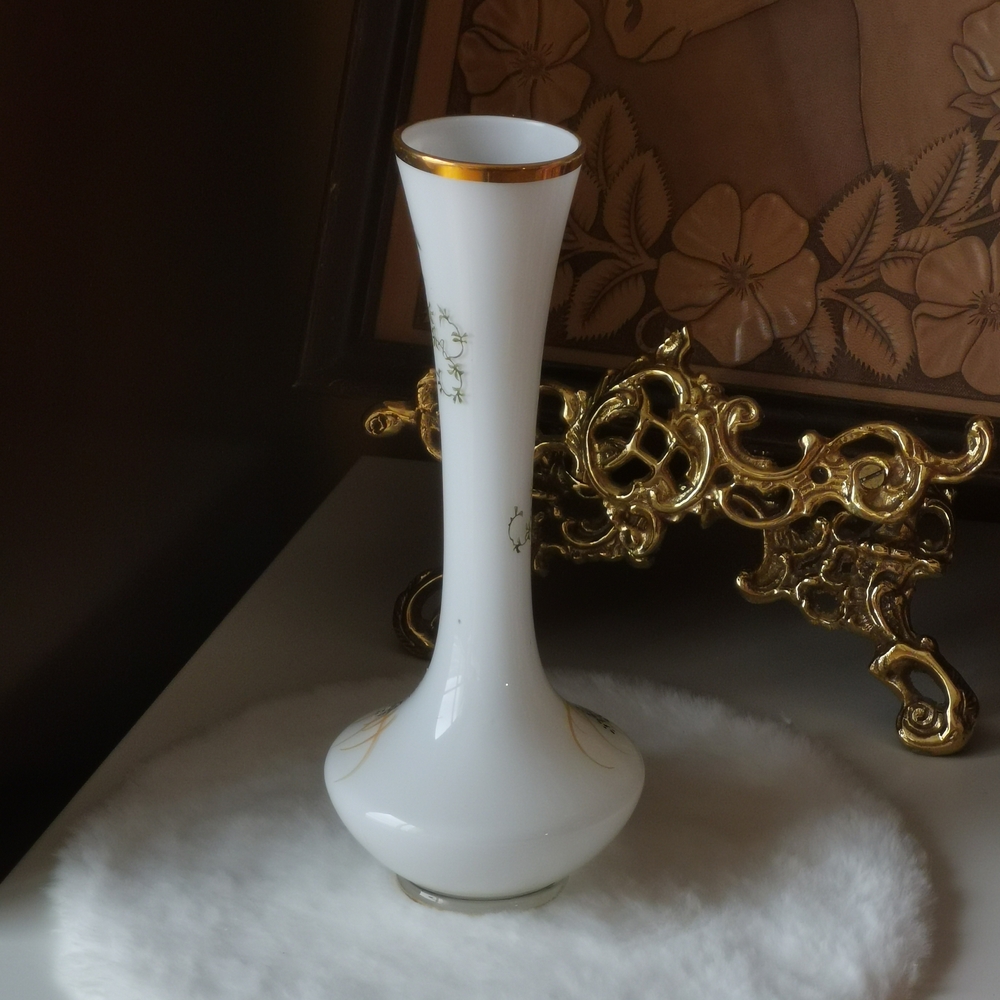 White Frosted Glass Bud Vase with Gold Trim Hand Painted Floral & Bird Motif - Picture 2 of 10